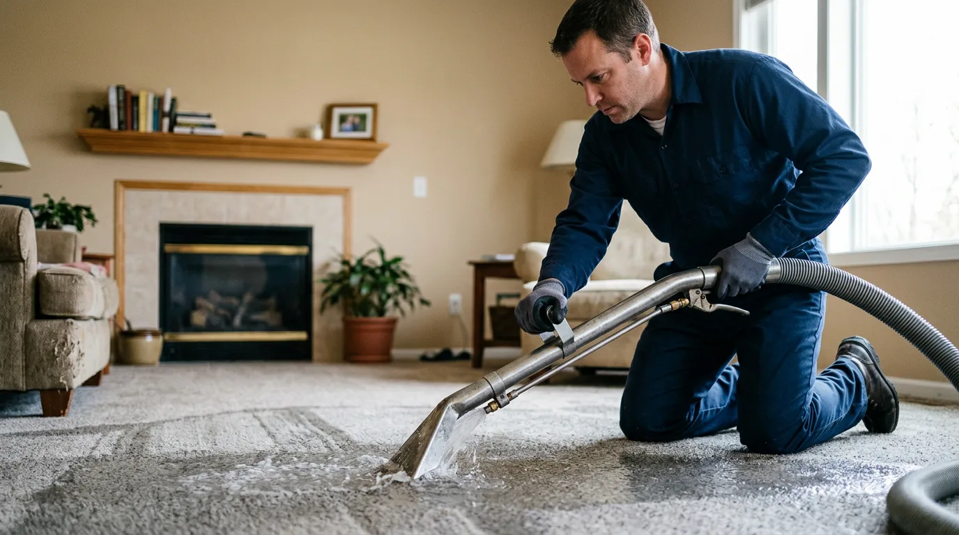 Water damage restoration technician working in a home in Oregon